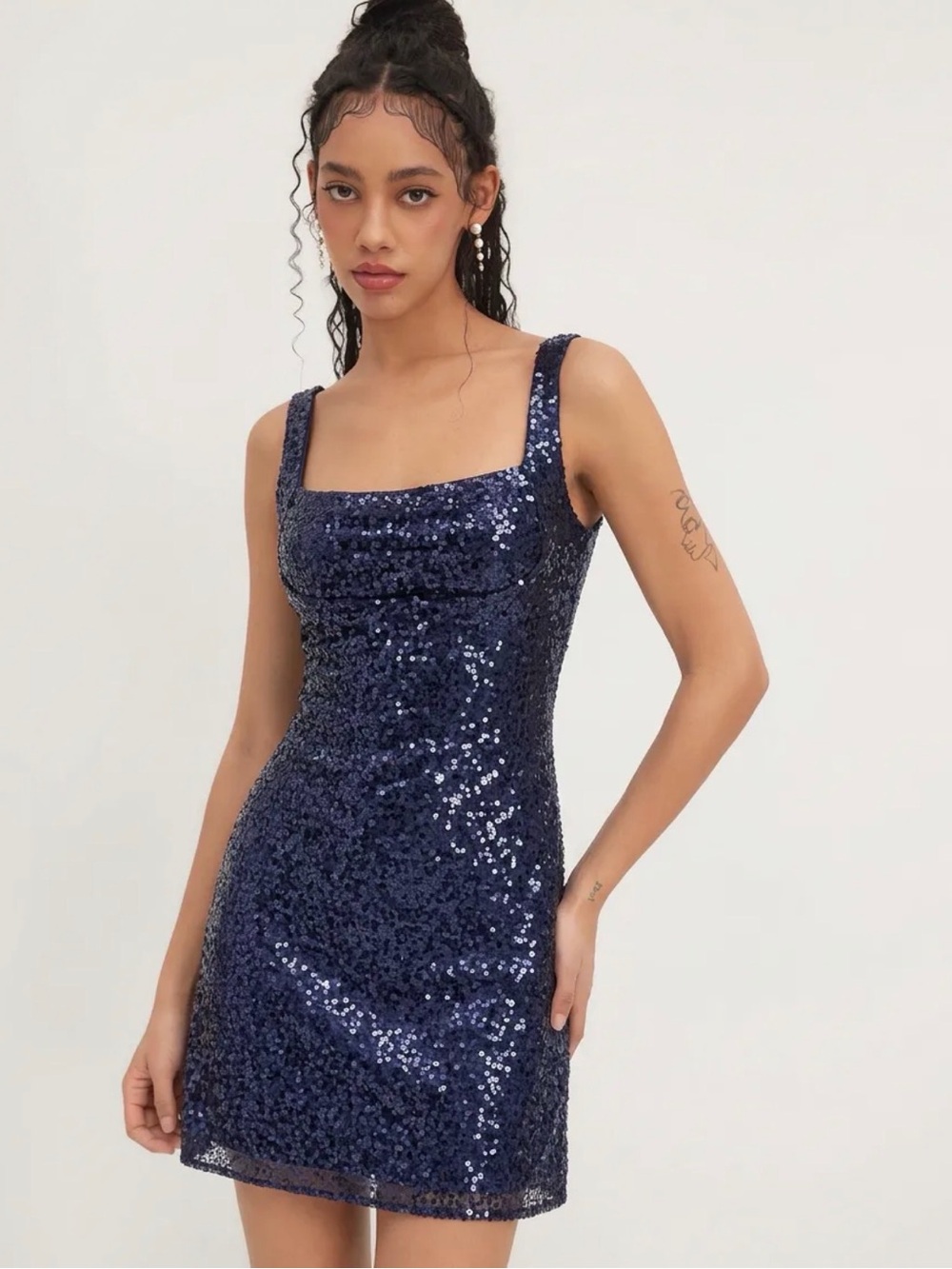 Cider Navy Sequin Square-Neck Mini Dress